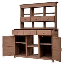 Merax Outdoor Potting Bench Table Potters Benches Garden Workstation,Patio Storage Workstation with 3 Shelves,6 Drawers,2 Bottom Cabinets&Side Hooks, Brown