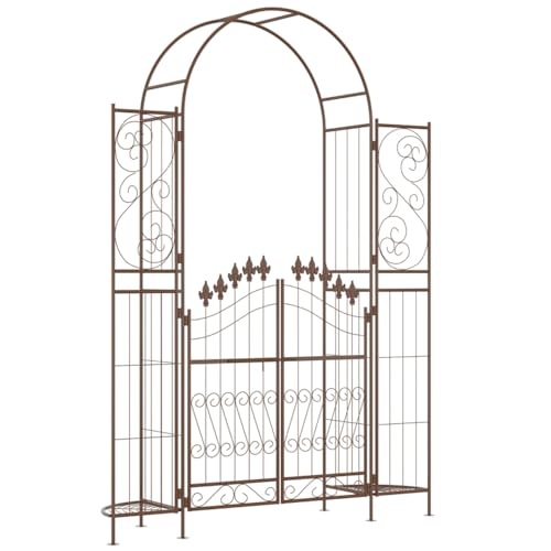 XLAOHUY Garden Arch with Gate and Plant Box, Trellis for Plant Climbing, Heavy Duty Metal Garden Arbor for Climbing Vines, Ceremony, Weddings, Party, Garden, Backyard, Lawn, Brown