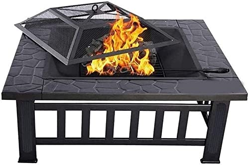 Garden Fire Pit Portable Grill Barbecue Rack 32in Metal Square Firepit Outdoor Fire Pit Wood Burning Backyard Patio Garden Beaches Camping Picnic with Cover BBQ Cooking for Camping Backyard