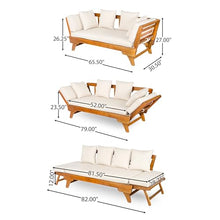 Christopher Knight Home Gary Patio Convertible Couch, Wooden Outdoor Daybed, 3-Seater Acacia Wood Patio Furniture Lounge Sofa for Backyard/Poolside/Garden, Back Pillow+Removable Cushion, Teak+ Beige