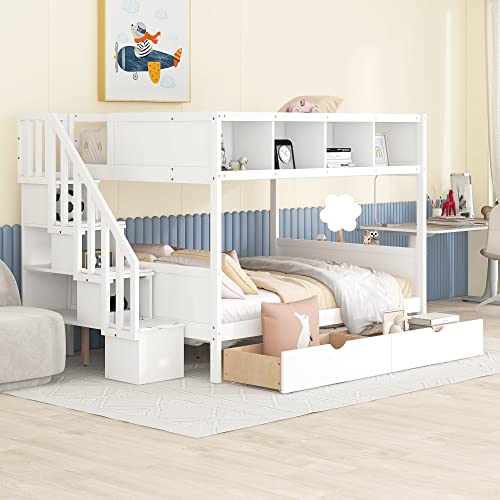 BOVZA Twin Over Full Bunk Bed with Storage Shelves and Staircase White