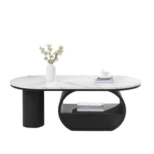 Luxury Modern Oval Coffee Table with Storage Drawer & Shelf, 47.24'' Faux Marble Top Center Table for Living Room, Black Metal Frame Sofa Table with Adjustable Feet, Easy Assembly