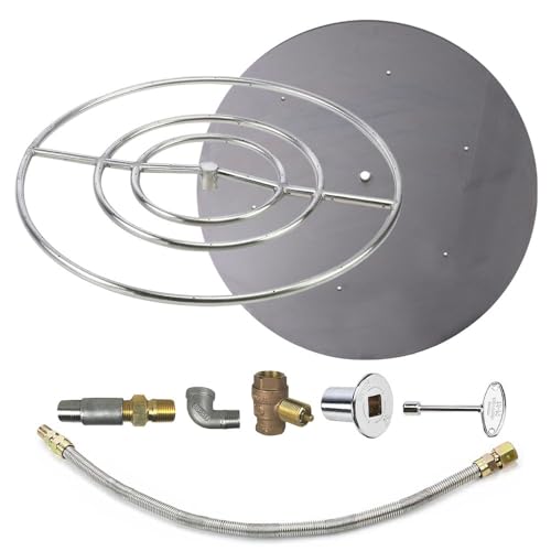 Spotix HPC Round Match Lit Fire Pit Burner Kit with 30-Inch Stainless Steel Burner and 36-Inch Flat Pan, Natural Gas, Polished Chrome, with Flange, Key, Valve, Flex Line and Fittings