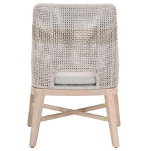 MAKLAINE Transitional Outdoor Dining Chairs, Set of 2, Gray Teak Wood Frame, Taupe and White All-Weather Fabric Cushions, Rope Pattern Seat Back, 34.5" H x 24.75" W x 23.5" D, Patio Seating
