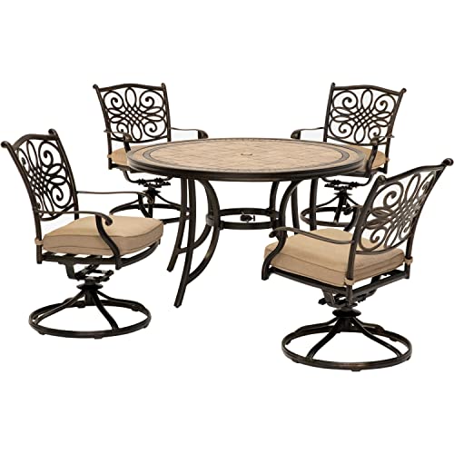 Hanover Monaco 5-Piece Outdoor Patio Dining Set with 4 Cushioned Swivel Rocker Chairs and 51" Round Tile-Top Table, Brushed Bronze Finish Tan