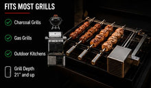 Brazilian BBQ Rotisserie Grill – 4 Stainless Steel Skewers – Auto Rotating Churrasco System – Right Side Motor – Fits Charcoal & Gas Grills – Authentic Brazilian Steakhouse Style