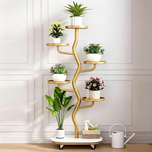 ARTUNV Tall 6 Tier Corner Plant Stand With Wheels, Sturdy Metal Flower Shelving Unit For Multiple Pots(Color:Yellow)