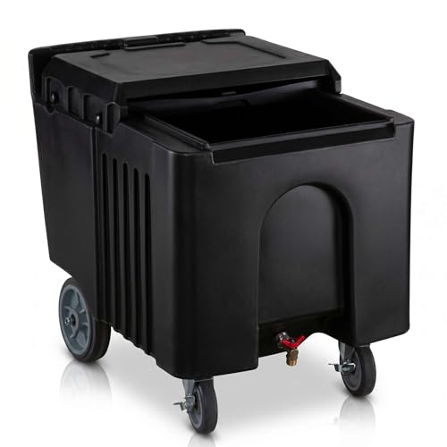 125 lb Black Mobile Ice Bin with Sliding Lid, Insulated Polyethylene Rolling Ice Storage Bin with Drain Tray, Faucet and Locking Casters for Catering, Bars, Restaurants and Events