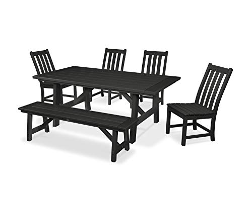POLYWOOD Vineyard 6-Piece Outdoor Dining Set Black - HDPE Composite Patio Furniture Set with 4 Farmhouse Dining Chairs, Bench and Table - All-Season Backyard Deck Garden Furniture