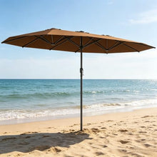 14.8FT Double-Sided Patio Sun Umbrella with 48 Solar LED Lights, Coffee Outdoor Garden Parasol with Vented Double Canopy, 12 Steel Ribs & Crank Operation, Water-Resistant Shade for Patio Backyard