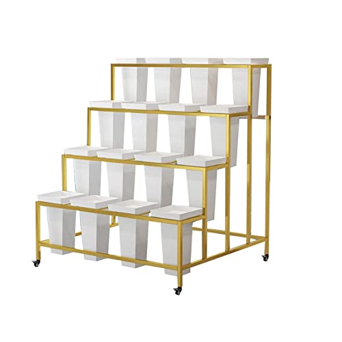 Wrought Iron Flower Display Stand with 16pcs Buckets, 4 Layers Metal Plant Stand with Wheels, Heavy Duty Moving Plant Cart Shelf, for Indoor, Outdoor Patio Garden, Florist (Color : Gold)