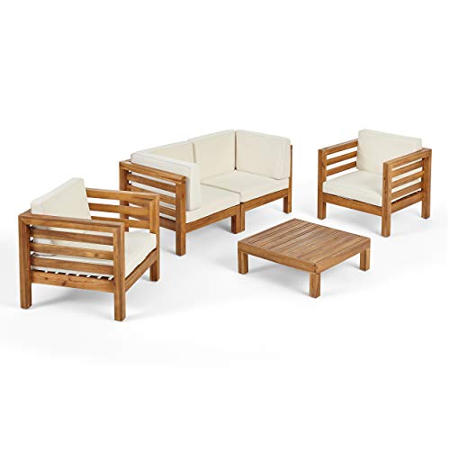 GDFStudio Outdoor 4 Seater Acacia Wood Loveseat Chat Set, Teak Finish & Beige