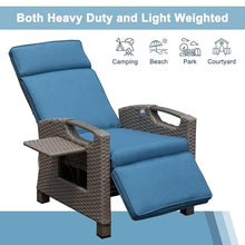 Navy Blue Outdoor Recliner Chair with Hand-Woven Wicker, Adjustable Angle Flip Table, Thick Cushions for Patio, Garden & Poolside