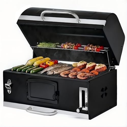 30in Built in Charcoal Grill for Outdoor Kitchen Island, Heavy Duty Large Barbecue Grills with Liftable Tray, Insulated Hood & Temp Gauge Drop-in BBQ Barrel Grill for Family Parties Patio Cooking