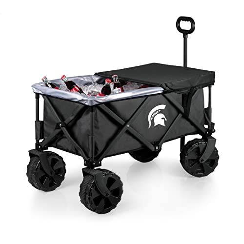 PICNIC TIME NCAA Michigan State Spartans Adventure Wagon Elite All-Terrain Folding Beach Wagon with Big Wheels Plus Table Top Lid & Soft Cooler Liner, Collapsible Utility Wagon, (Dark Gray)