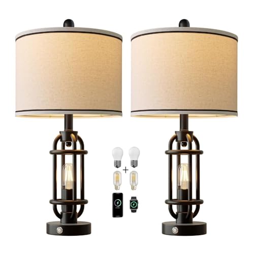 WOAITIANTIAN Desk Lamps Industrial Table Lamps Set of 2 with USB A+C Ports, Black Metal Nightstand Lamps for Bedroom Living Room