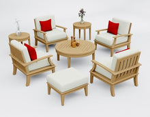 WholesaleTeak Teak Wood 8 Pc Lounge Chair Set: 4 Lounge Chairs, Ottoman, Round Coffee Table & 2 Round Side Tables with Cushions in Outdoor Fabric #5404 Canvas Natural