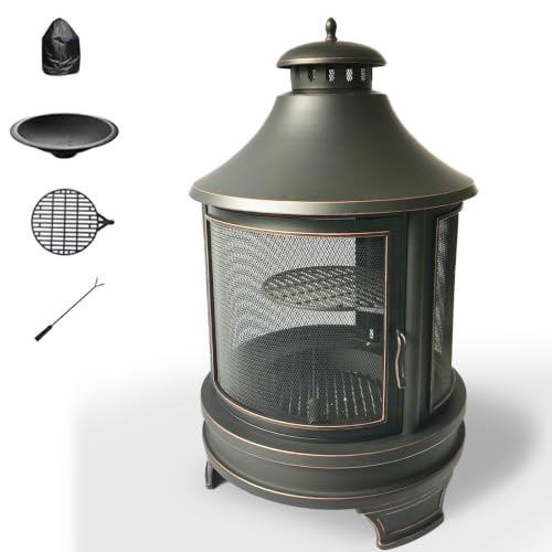 Outdoor Fireplace for Patio with 360° Sparks Screen, Smoke Deflector, Anti-Rust Chiminea, Quick Assembly, Removable Ash Pan, for Garden, Bonfire, Camping