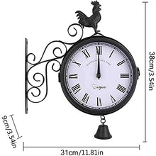 J3DFGFLR Outdoor Garden Wall Clock Garden Wrought Iron Wall Clock Outdoor Double-Sided Rooster Design Wall Hanging Clock with Bell for Garden Home Decoration