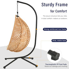 Hanging Egg Swing Chair Stand, Foldable Woven HDPE Basket Seat, Plush Removable Polyester Cushion, Rust-Resistant Chain, Reinforced Iron Base, Non-Slip PP Pads, Indoor Outdoor Lounger (Brown+Beige)