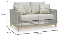 Signature Design by Ashley Seton Creek Cottage Weather Resistant Outdoor Loveseat with Cushion and 2 Throw Pillows Light Brown & Light Gray