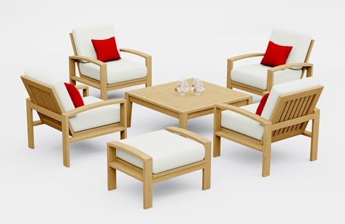 TeakStation 6 Pc Teak Wood Lounge Chair Set: 4 Lounge Chairs, Ottoman & Square Coffee Table with Cushions in Outdoor Sunbrella Fabric #5404 Canvas Natural