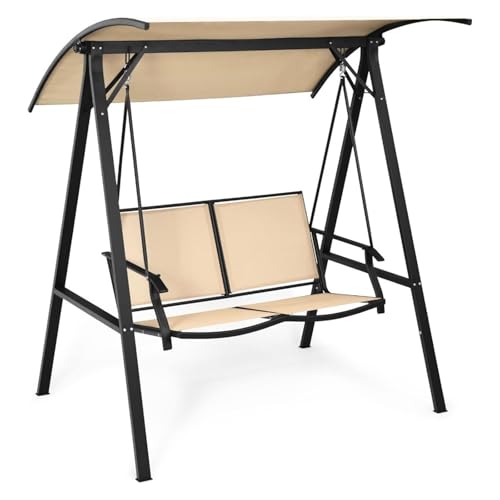 VHDY85KA Park Outdoor Swing Weather Resistant Porch Swing Adjustable Canopy Steel Frame Outdoor Modern Canopy Swing Handrail Entryway(Coffee)