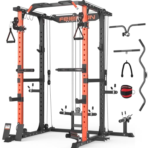 FEIERDUN Multi-Function Squat Rack Power Cage with Cable Crossover, 2000LBS Capacity, Orange/Black