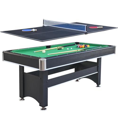 Voohek 6ft Pool Table with Table Tennis Top, Billiard Balls, Cues, Triangle Rack, Poly-Sealed Tabletop Black+Green