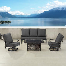 Oakland Living Black Aluminum Patio Fire Table Set with Deep Seating Sofa with Cushion and Two Club Chairs with Black Cushions