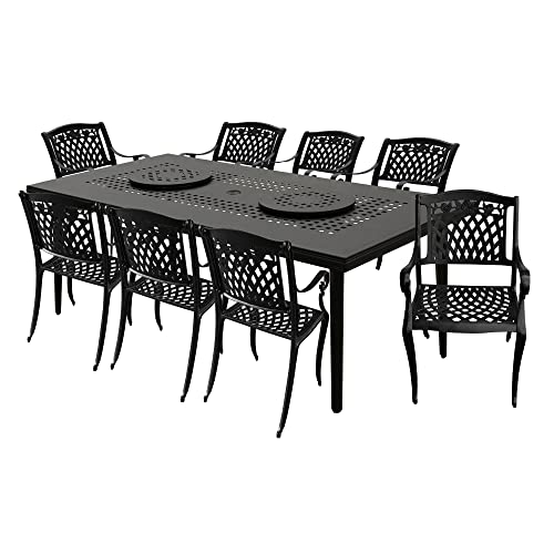 Oakland Living Modern Ornate Outdoor Mesh Aluminum 84-in Large Black Rectangular Patio Dining Set with Two Lazy Susans and Eight Chairs