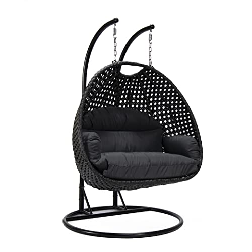 LeisureMod Mendoza Charcoal Wicker 2 Person Patio Hanging Double Egg Swing Chair with Stand & Cushions for Indoor Outdoor Patio Garden (Dark Grey)