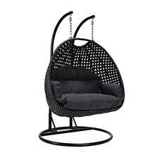 LeisureMod Mendoza Charcoal Wicker 2 Person Patio Hanging Double Egg Swing Chair with Stand & Cushions for Indoor Outdoor Patio Garden (Dark Grey)