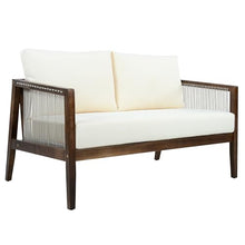Merax Outdoor Loveseat and Coffee Table Set, Acacia Wood Frame with Rope Detail, Water-Repellent Beige Cushions for Patio Backyard Deck, Dark Brown