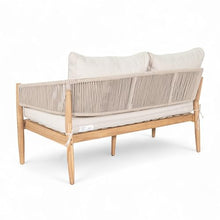 Christopher Knight Home Katarina Patio Acacia Wood Loveseat Furniture, Outdoor Loveseat Sofa with Comfy Fabric Cushions, 2-Seater Sofa with Handwoven Rope Backrest for Garden, Light Brown+Beige