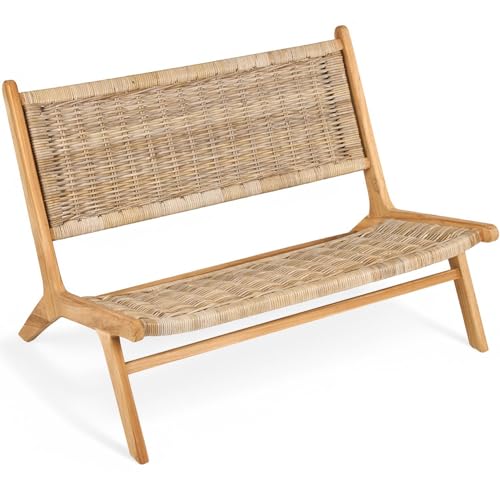 TeakCraft Teak Rattan Lounge Bench for 2 – Mid Century Modern Bench, Solid Teak Wood, Natural Rattan, Boho & Scandinavian Style Seating for Living Room, Bedroom, Patio – Easy Assembly, The Lyra