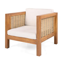 Christopher Knight Home Outdoor Club Chairs Set of 2, Acacia Wood Patio Chairs with Wicker Armrests and Beige Cushions, 400 lbs Capacity, Modern Lounge Seating for Patio, Deck, Garden, Poolside