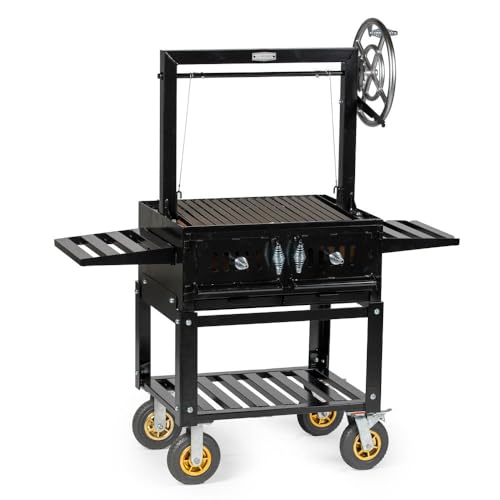 Ash & Ember Santa Maria Grill, Steel Wood & Charcoal Argentine Grill, Hand Wheel for Adjustable Heat Control, BBQ Grill with V-Grates & Grease Trap, Argentinian Grills with Bottom & Side Shelves