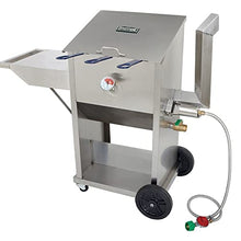 Bayou Classic 700-709 9-gal Stainless Bayou Fryer Features Stainless Cart w/Side Shelf Three Mesh Baskets Fry Thermometer 10-psi Regulator w/ 48-in Stainless Braided Hose