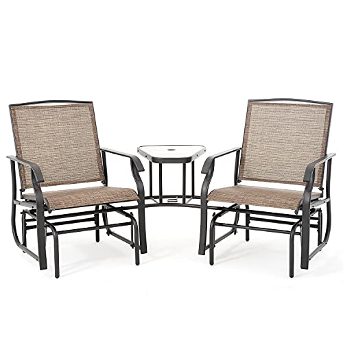 Penny Online 2 Person Outdoor Glider Chair 3-Piece Patio Gliders for Garden Porch Double Rocking Chair with Table Steel Frame Breathable Sling Fabric and Umbrella Hole, Brown, 77x34x36 inches
