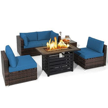 6PCS Patio Rattan Furniture Set 42" Fire Pit Table Cover Sofa Cushion Navy