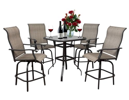 5 Piece Outdoor Bar Stools Set - 4 Bar Height Swivel Patio Chairs & 1 High Bistro Table w/Umbrella Hole - All Weather Textilene High Top Patio Table and Chairs Set (Brown, Set of 5)