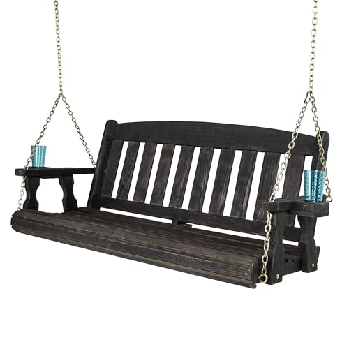 Amish Casual Heavy Duty 800 Lb Mission Treated Porch Swing with Hanging Chains and Cupholders (5 Foot, Semi-Solid Black Stain)