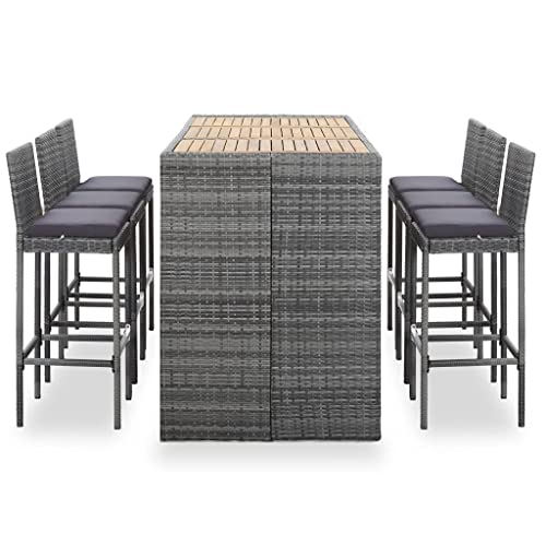 WXGTBKPR 7-Piece Outdoor Bar Set, Grey Synthetic Poly Rattan Garden Furniture, Solid Acacia Wood Tabletop, 6 Stools with Polyester Cushions, Patio Balcony Dining Table Set