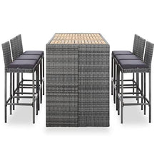 WXGTBKPR 7-Piece Outdoor Bar Set, Grey Synthetic Poly Rattan Garden Furniture, Solid Acacia Wood Tabletop, 6 Stools with Polyester Cushions, Patio Balcony Dining Table Set