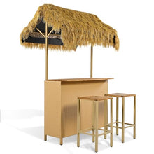 Outdoor Bar Set with PE Grass Canopy, Hawaiian-Style Acacia Wood Table and 4 Bar Stools with Adjustable Feet, Weather-Resistant Wicker, Patio, Backyard, Poolside, Dining and Drinking, Natural
