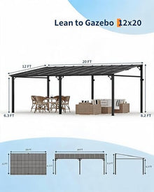 12 ft x 20 ft Lean to Gazebo, Hardtop Wall Pergola with Polycarbonate Roof, Aluminum Frame Mounted Gazebo for Lawn Patio Deck Yard and Party