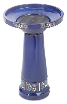 Smart Solar Louisa IntelliSolar® Outdoor Solar-Powered Birdbath Fountain with Remote, Bubbler and 360-Degree Spray Topper, Ceramic Cobalt Blue Birdbath, Floral Detail
