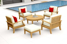 WholesaleTeak Teak Wood 6 Pc Lounge Chair Set: 4 Lounge Chairs, Ottoman & Round Coffee Table with Cushions in Outdoor Fabric #5404 Canvas Natural