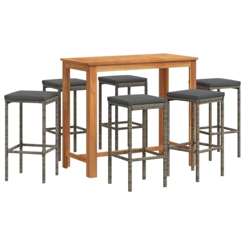HMDNGOUT 7 Piece Garden Bar Set Grey Solid Acacia Wood Medium Durable Bar Table with 6 Stools